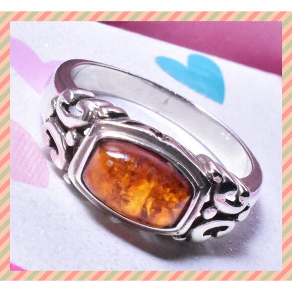 VTG Sterling Silver Amber Gemstone Damask Floral Motif Ring Approximate Size 9 - Picture 6 of 16